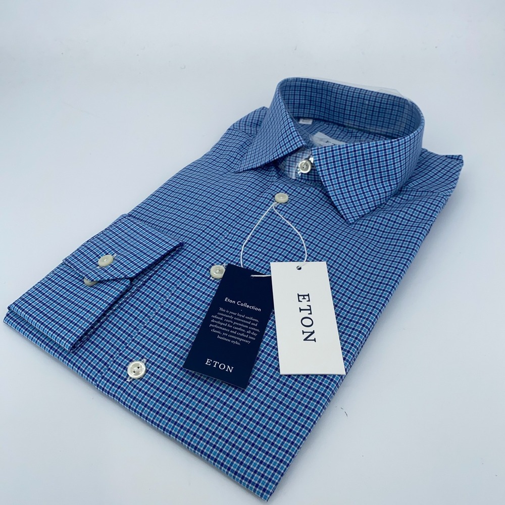 Eton Dress Shirt Mens XL 17 - 43 Slim Fit Blue White Plaid York Button Up